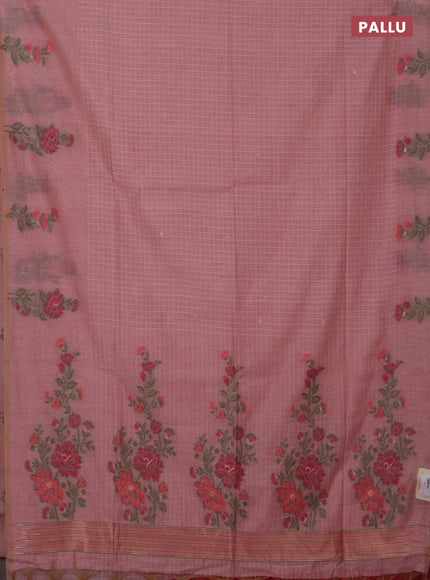 Jamdhani cotton saree peach pink and maroon with allover checked pattern and floral design jamdhani pallu