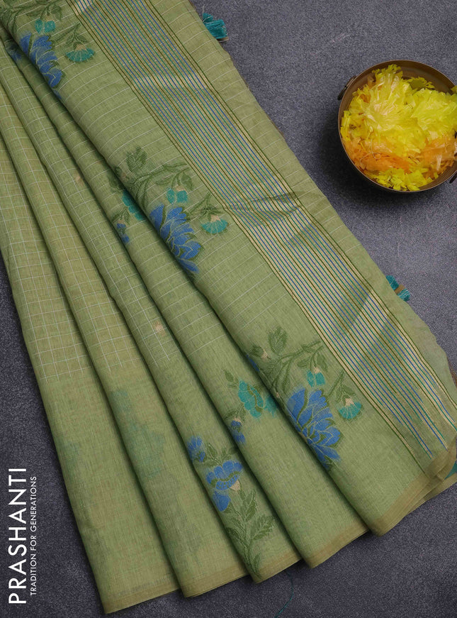 Jamdhani cotton saree pista green and green with allover checked pattern and floral design jamdhani pallu