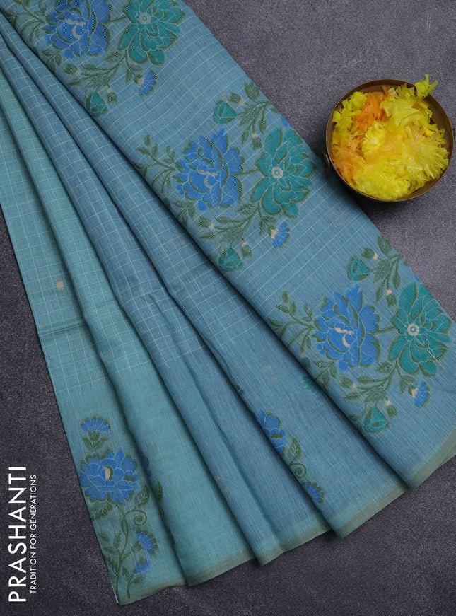 Jamdhani cotton saree teal blue and blue with allover checked pattern and floral design jamdhani pallu