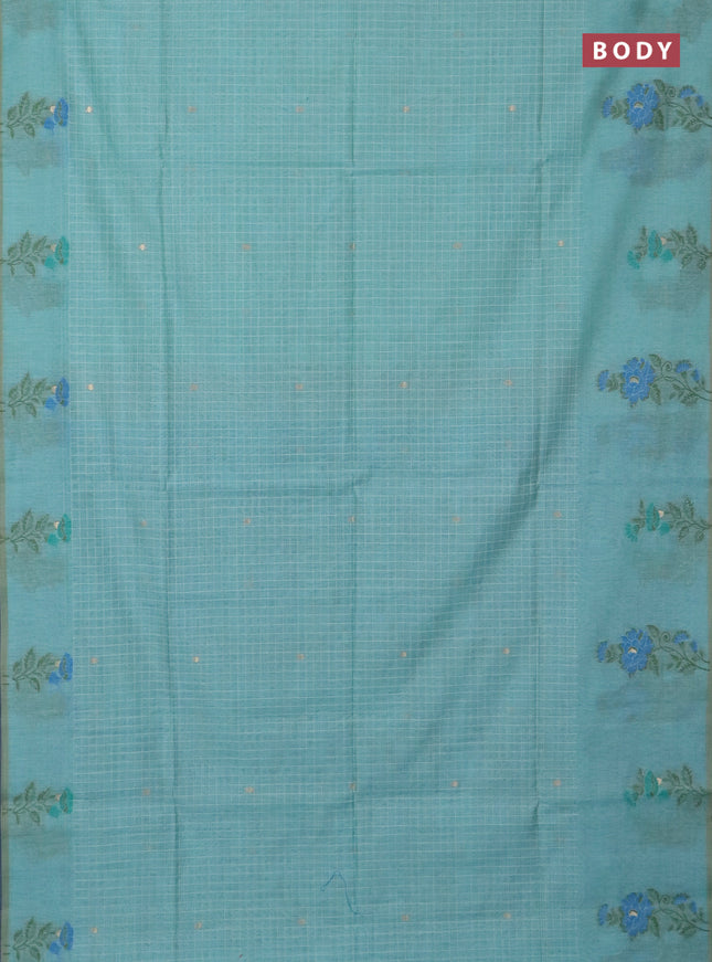 Jamdhani cotton saree teal blue and blue with allover checked pattern and floral design jamdhani pallu