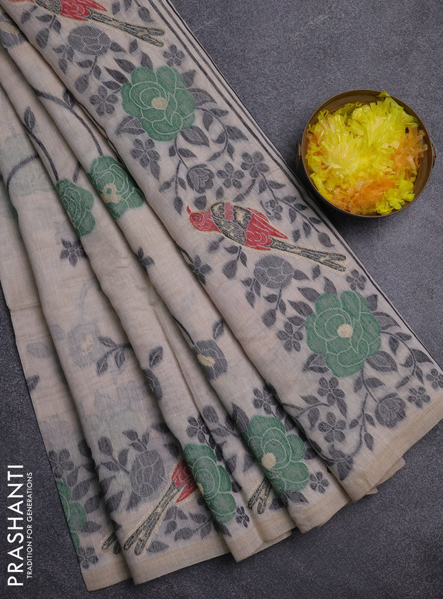 Jamdhani cotton saree beige and black with allover floral thread & zari weaves and jamdhani pallu