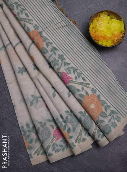 Jamdhani cotton saree beige and green with allover floral thread & zari weaves and jamdhani pallu