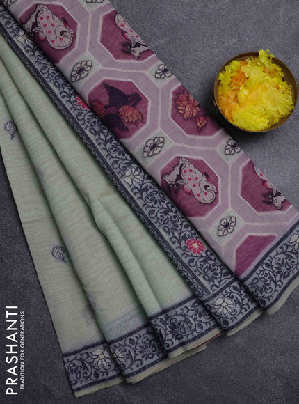 Jamdhani cotton saree mild pista green and purple with thread woven buttas and pichwai pallu