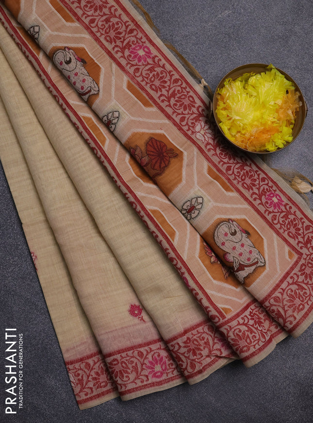 Jamdhani cotton saree sandal and mustard yellow with thread woven buttas and pichwai pallu