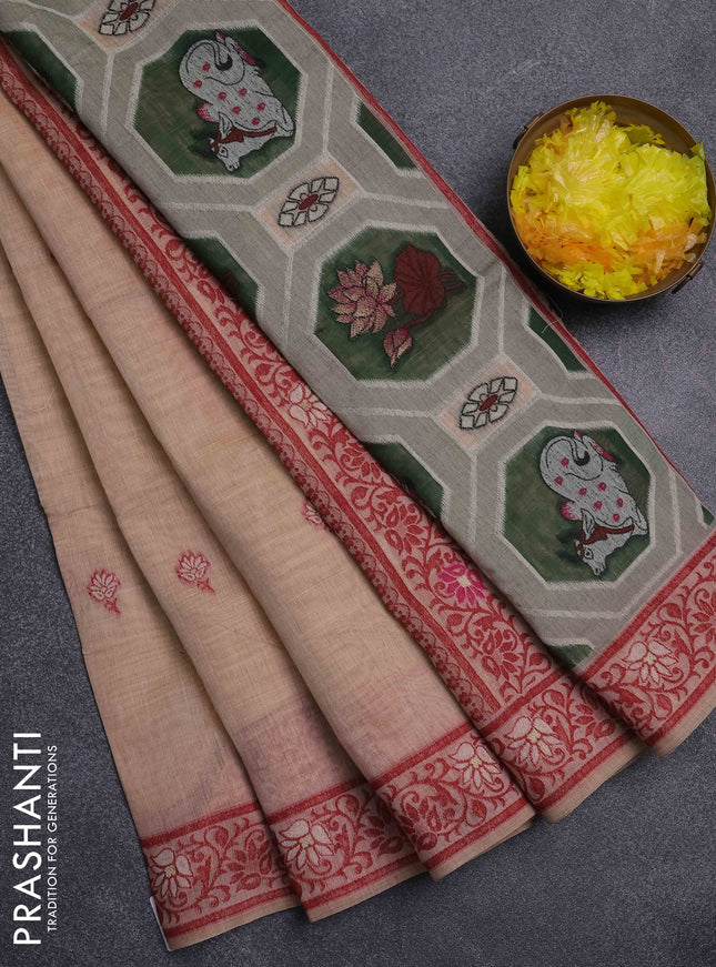 Jamdhani cotton saree sandal and green with thread woven buttas and pichwai pallu