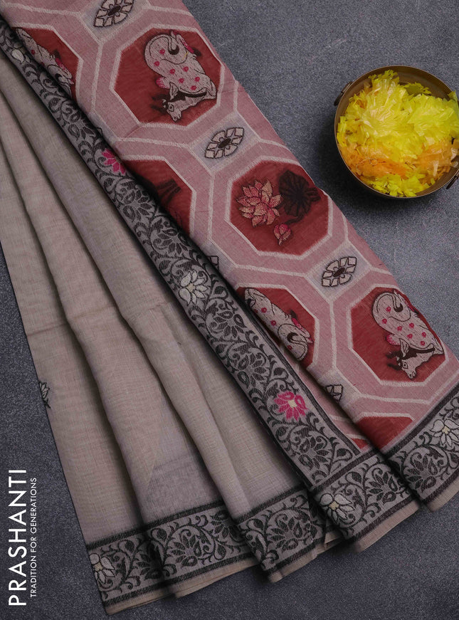 Jamdhani cotton saree beige and red with thread woven buttas and pichwai pallu