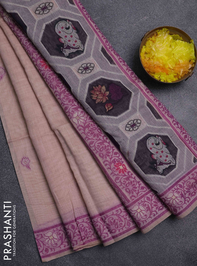 Jamdhani cotton saree pale orange and navy blue with thread woven buttas and pichwai pallu