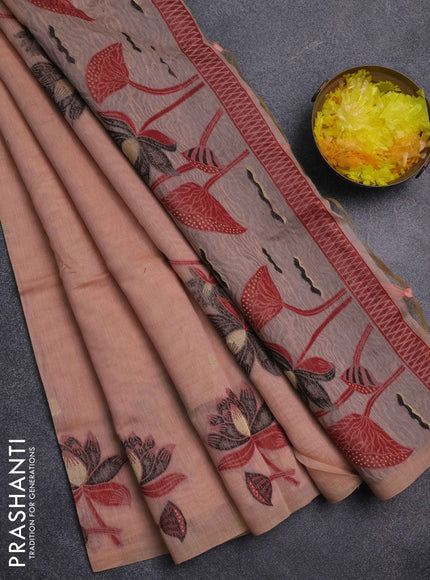 Jamdhani cotton saree peach shade and black with floral thread woven buttas and jamdhani pallu