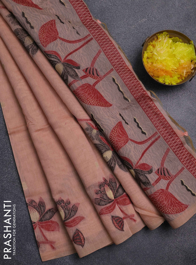 Jamdhani cotton saree peach shade and black with floral thread woven buttas and jamdhani pallu