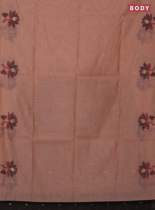 Jamdhani cotton saree peach shade and black with floral thread woven buttas and jamdhani pallu