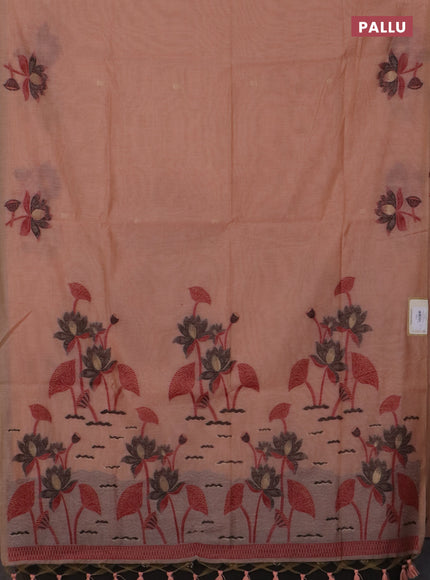 Jamdhani cotton saree peach shade and black with floral thread woven buttas and jamdhani pallu