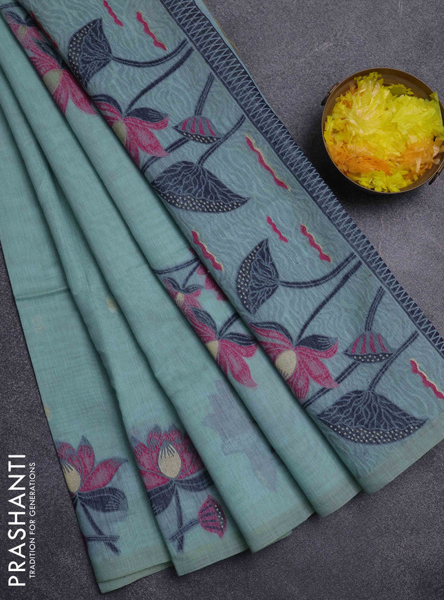 Jamdhani cotton saree teal green shade and pink with floral thread woven buttas and jamdhani pallu