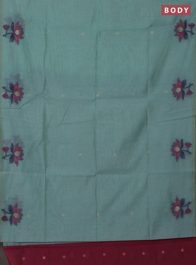 Jamdhani cotton saree teal green shade and pink with floral thread woven buttas and jamdhani pallu