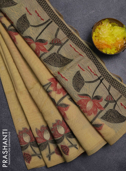 Jamdhani cotton saree sandal and maroon with floral thread woven buttas and jamdhani pallu
