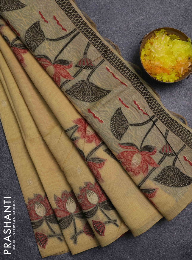 Jamdhani cotton saree sandal and maroon with floral thread woven buttas and jamdhani pallu