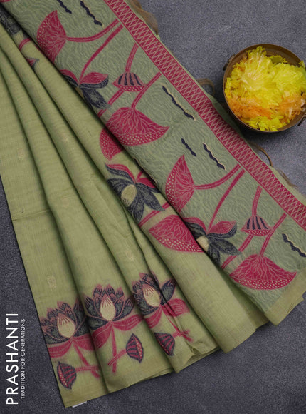 Jamdhani cotton saree pista green and navy blue with floral thread woven buttas and jamdhani pallu