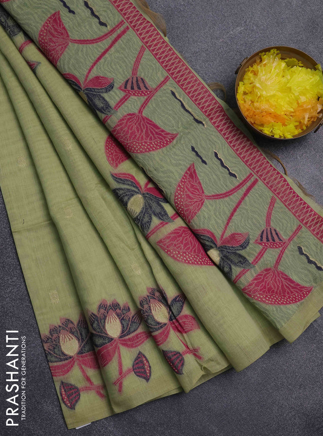 Jamdhani cotton saree pista green and navy blue with floral thread woven buttas and jamdhani pallu