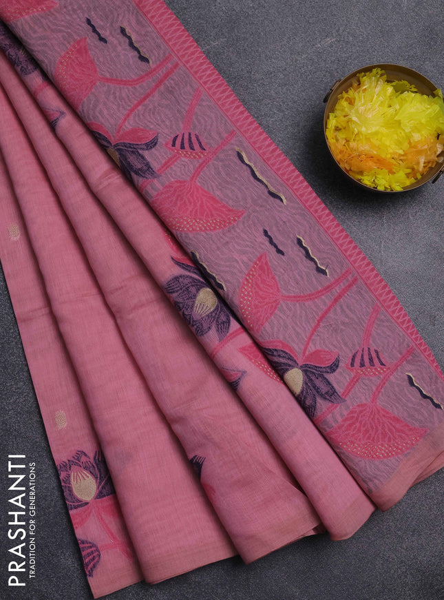 Jamdhani cotton saree light pink and navy blue with floral thread woven buttas and jamdhani pallu