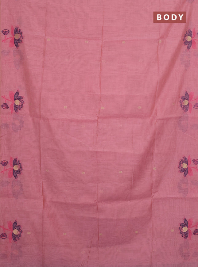 Jamdhani cotton saree light pink and navy blue with floral thread woven buttas and jamdhani pallu