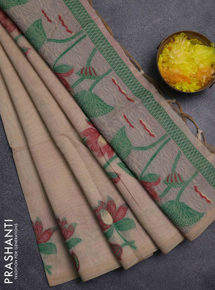Jamdhani cotton saree beige and maroon with floral thread woven buttas and jamdhani pallu