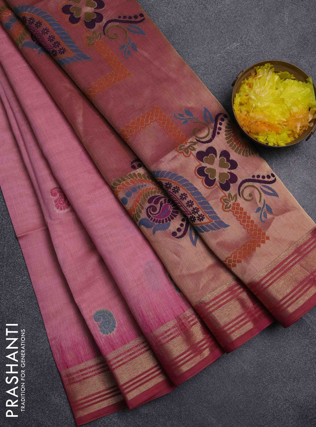 Jamdhani cotton saree peach pink and maroon with paisley thread woven buttas and jamdhani pallu