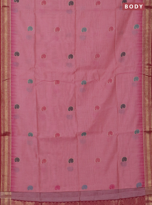 Jamdhani cotton saree peach pink and maroon with paisley thread woven buttas and jamdhani pallu