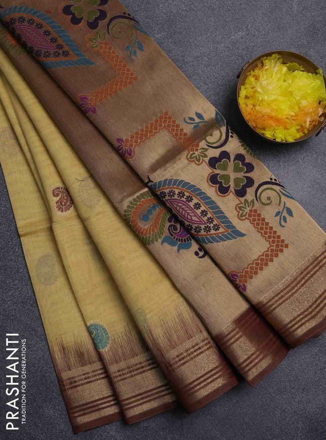 Jamdhani cotton saree pale yellow and coffee brown with paisley thread woven buttas and jamdhani pallu