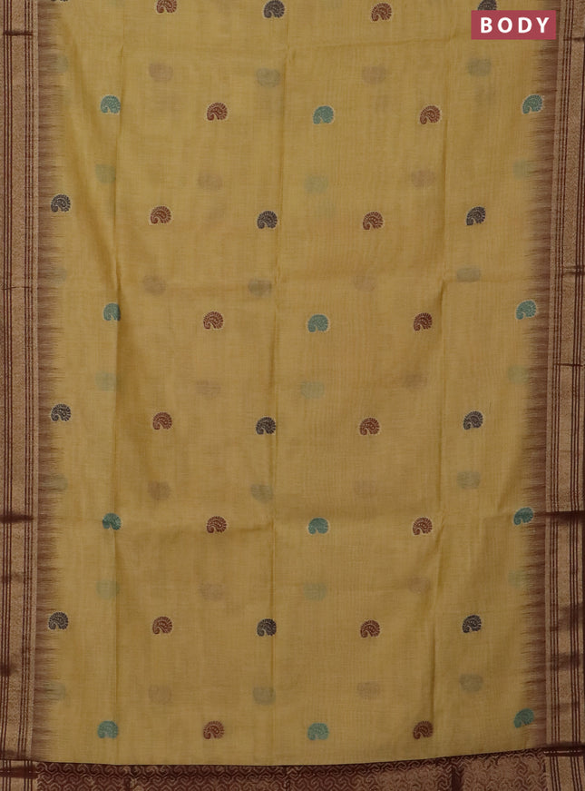 Jamdhani cotton saree pale yellow and coffee brown with paisley thread woven buttas and jamdhani pallu