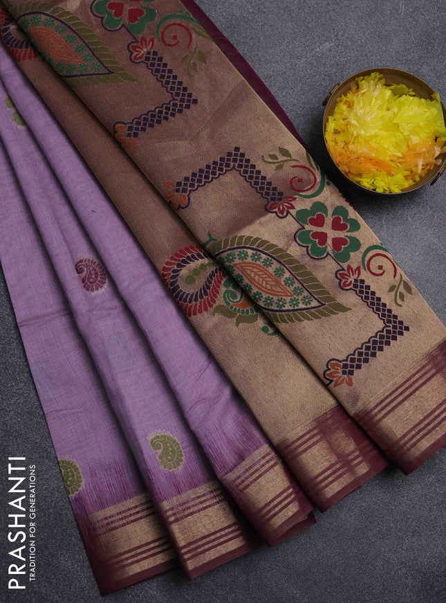 Jamdhani cotton saree lavender and purple with paisley thread woven buttas and jamdhani pallu