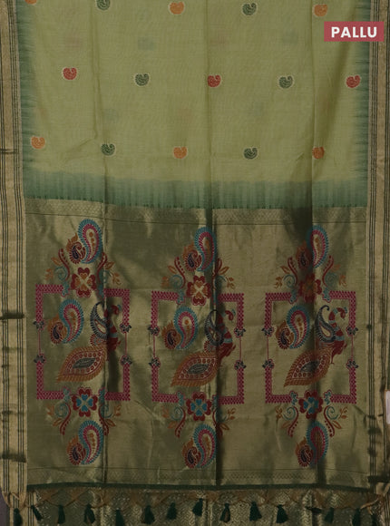 Jamdhani cotton saree pista green and green with paisley thread woven buttas and jamdhani pallu
