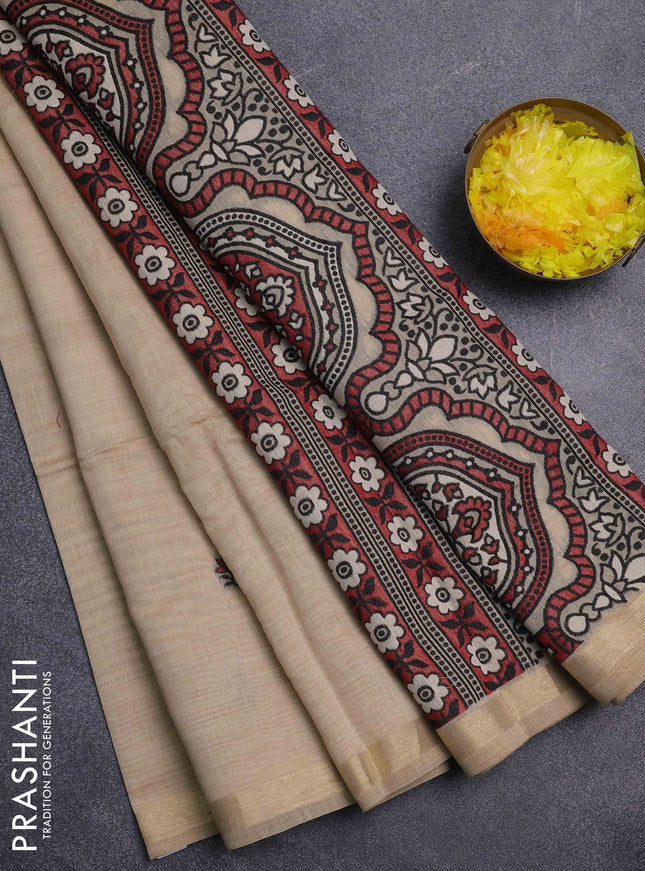 Jamdhani cotton saree beige and maroon with thread woven buttas and jamdhani pallu