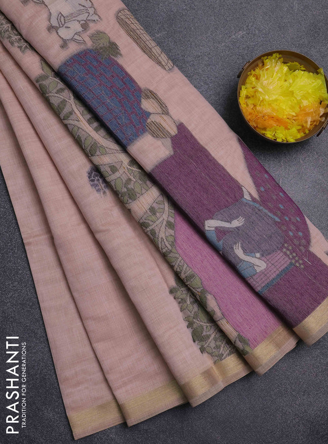 Jamdhani cotton saree beige with thread woven buttas and pichwai pallu