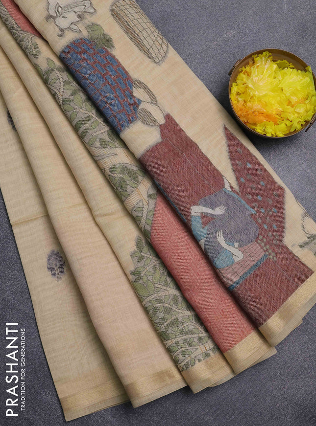 Jamdhani cotton saree cream with thread woven buttas and pichwai pallu