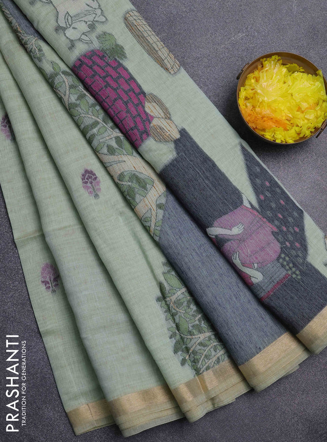 Jamdhani cotton saree pastel green with thread woven buttas and pichwai pallu