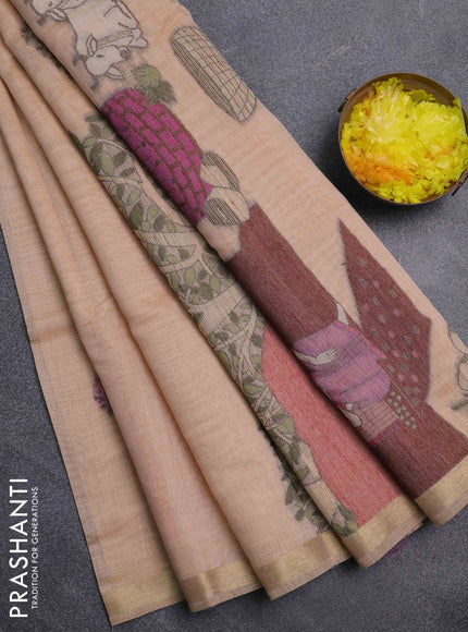 Jamdhani cotton saree pale orange with thread woven buttas and pichwai pallu