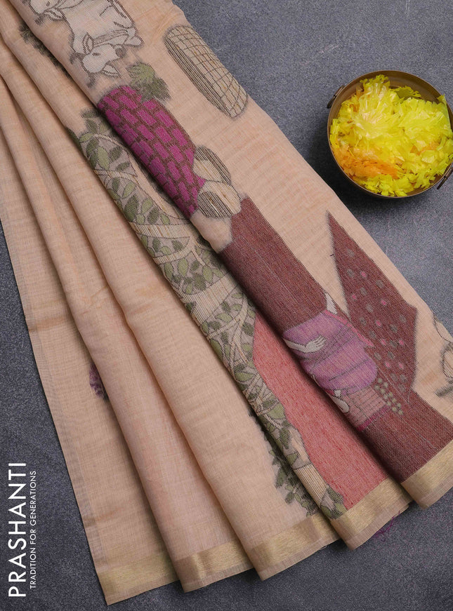 Jamdhani cotton saree pale orange with thread woven buttas and pichwai pallu