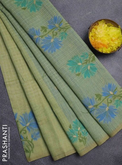 Jamdhani cotton saree pista green and teal blue with allover thread checks & buttas and jamdhani pallu