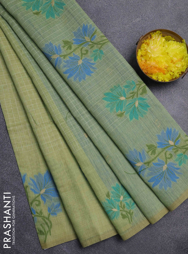 Jamdhani cotton saree pista green and teal blue with allover thread checks & buttas and jamdhani pallu
