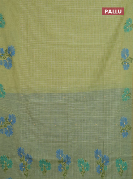 Jamdhani cotton saree pista green and teal blue with allover thread checks & buttas and jamdhani pallu