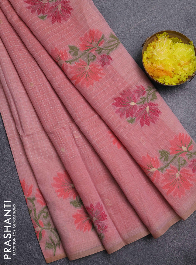 Jamdhani cotton saree peach shade and orange with allover thread checks & buttas and jamdhani pallu