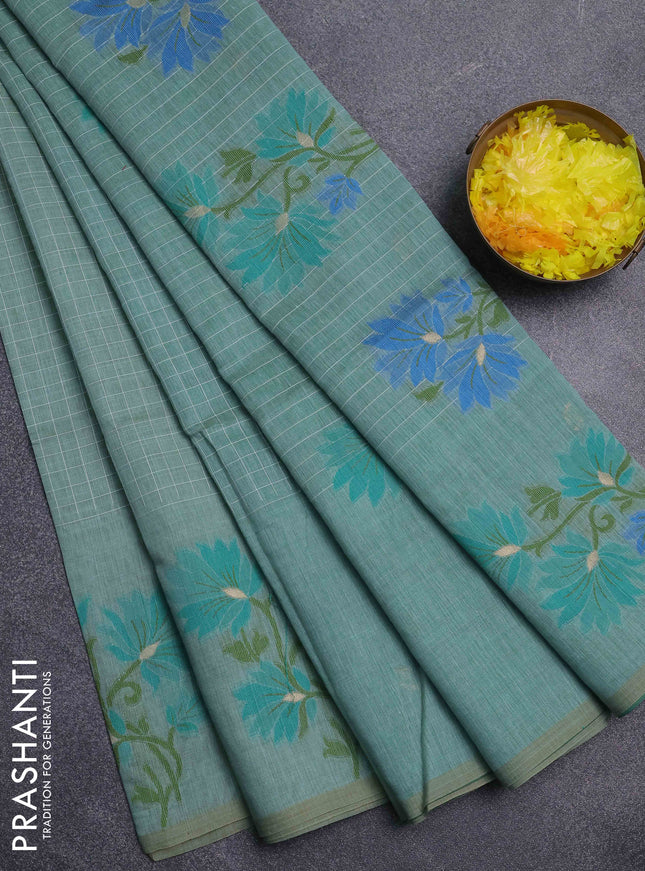 Jamdhani cotton saree pastel green and green with allover thread checks & buttas and jamdhani pallu