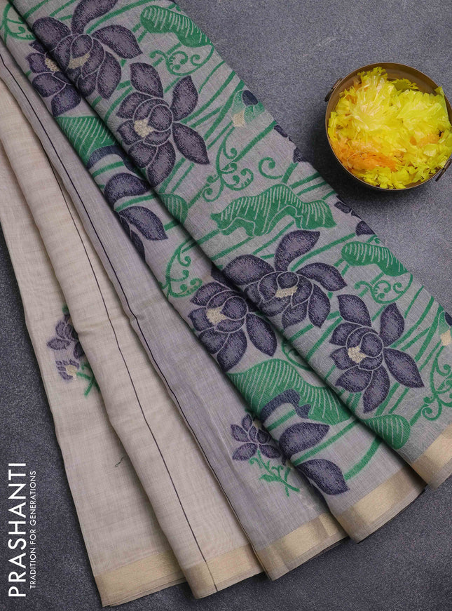 Jamdhani cotton saree beige and navy blue with allover thread stripe pattern & floral buttas and jamdhani pallu