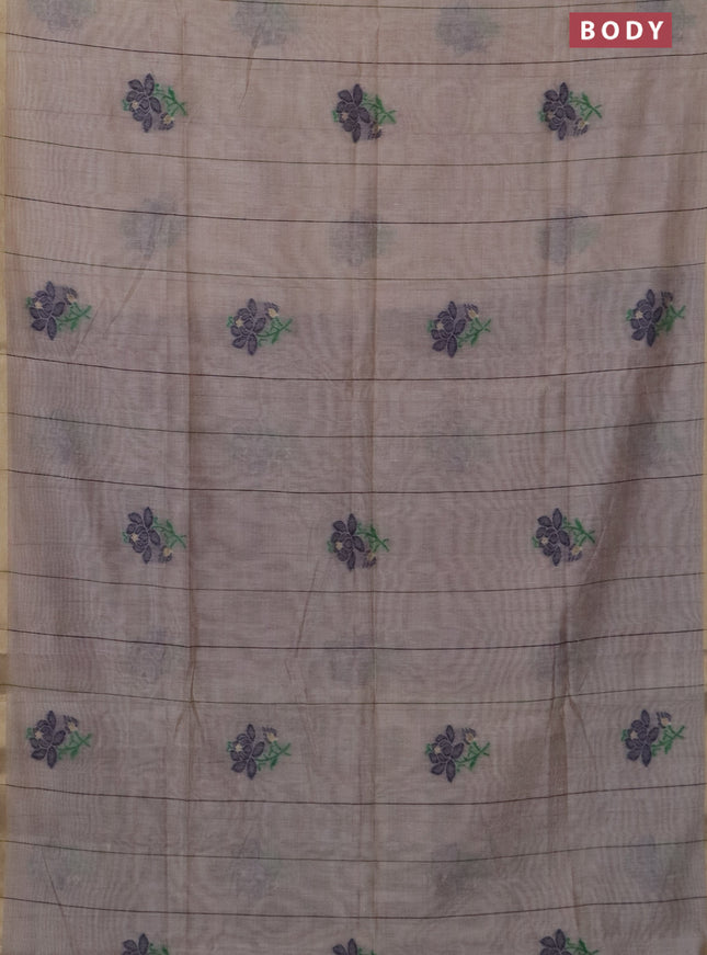 Jamdhani cotton saree beige and navy blue with allover thread stripe pattern & floral buttas and jamdhani pallu