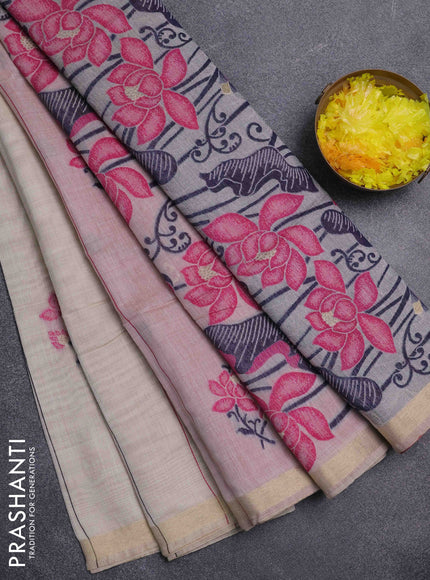 Jamdhani cotton saree beige and pink with allover thread stripe pattern & floral buttas and jamdhni pallu