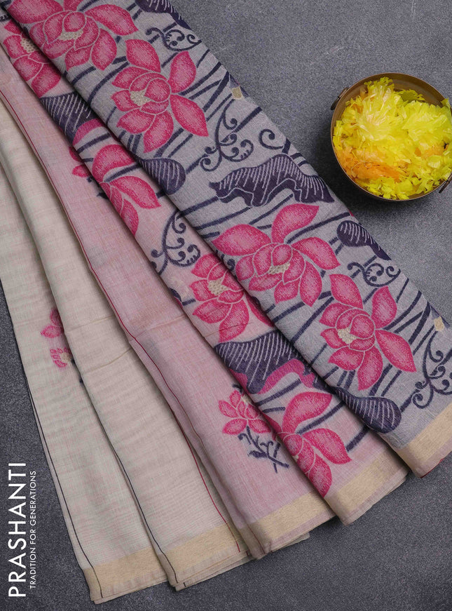 Jamdhani cotton saree beige and pink with allover thread stripe pattern & floral buttas and jamdhni pallu