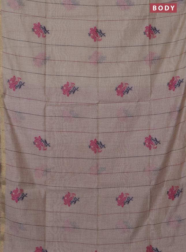 Jamdhani cotton saree beige and pink with allover thread stripe pattern & floral buttas and jamdhni pallu