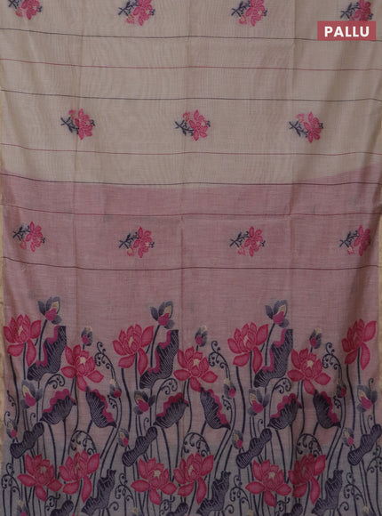 Jamdhani cotton saree beige and pink with allover thread stripe pattern & floral buttas and jamdhni pallu