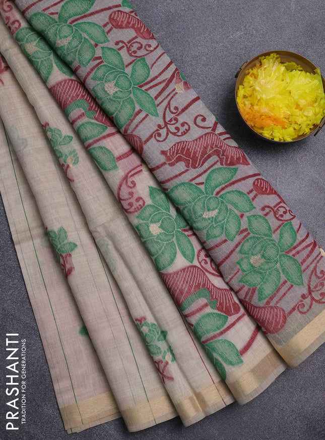 Jamdhani cotton saree beige and green with allover thread stripe pattern & floral buttas and jamdhni pallu