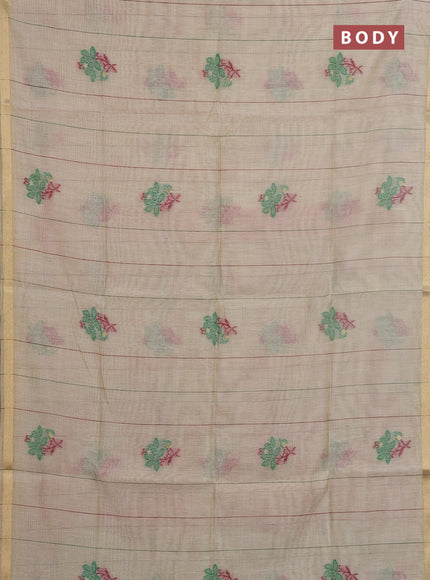 Jamdhani cotton saree beige and green with allover thread stripe pattern & floral buttas and jamdhni pallu