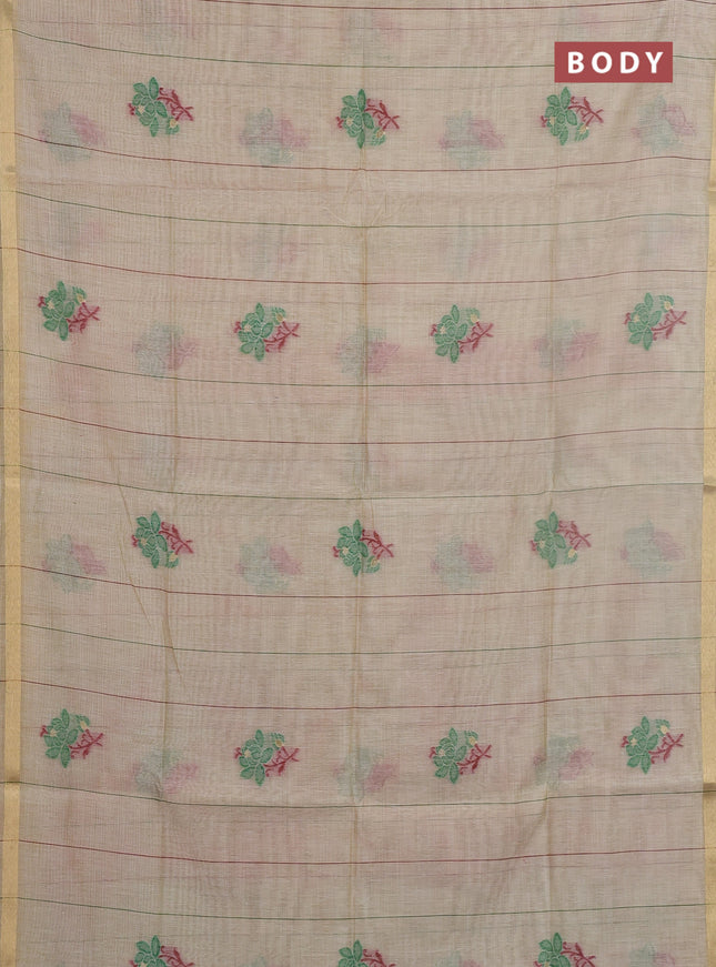 Jamdhani cotton saree beige and green with allover thread stripe pattern & floral buttas and jamdhni pallu